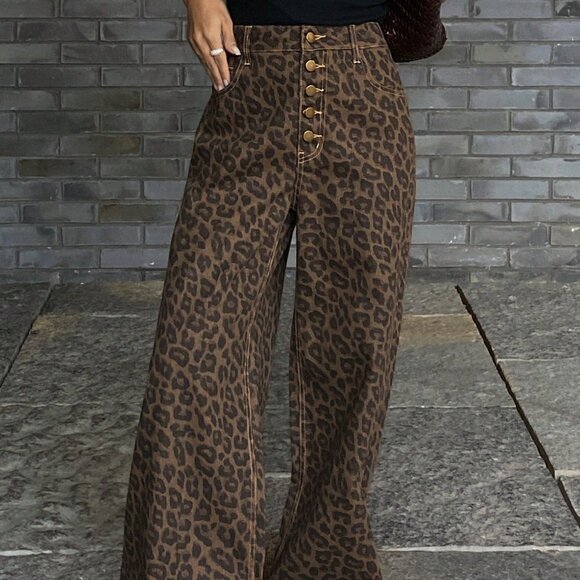 Brown Casual Women's High Waist Loose Distressed Long Denim Jeans - Picture 5 of 6